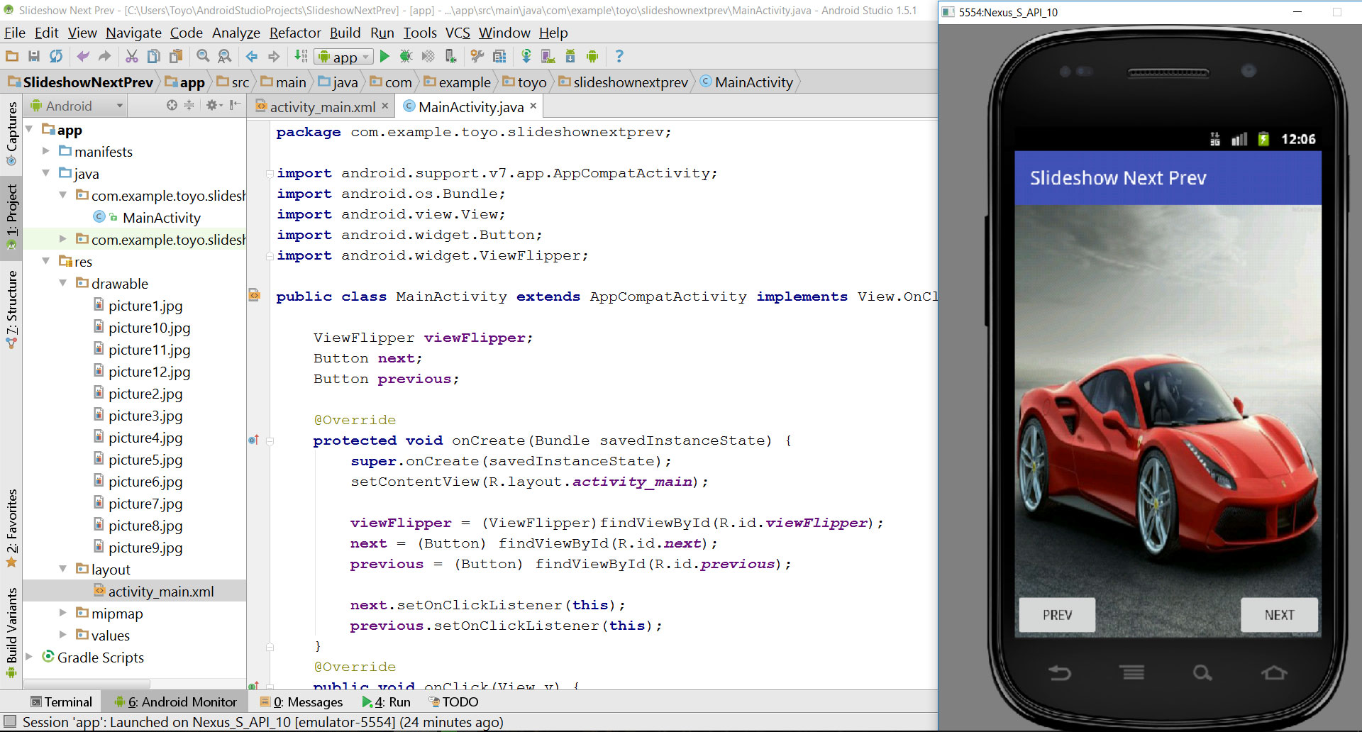 Slideshow with next and prev buttons in Android Studio 1.5.1